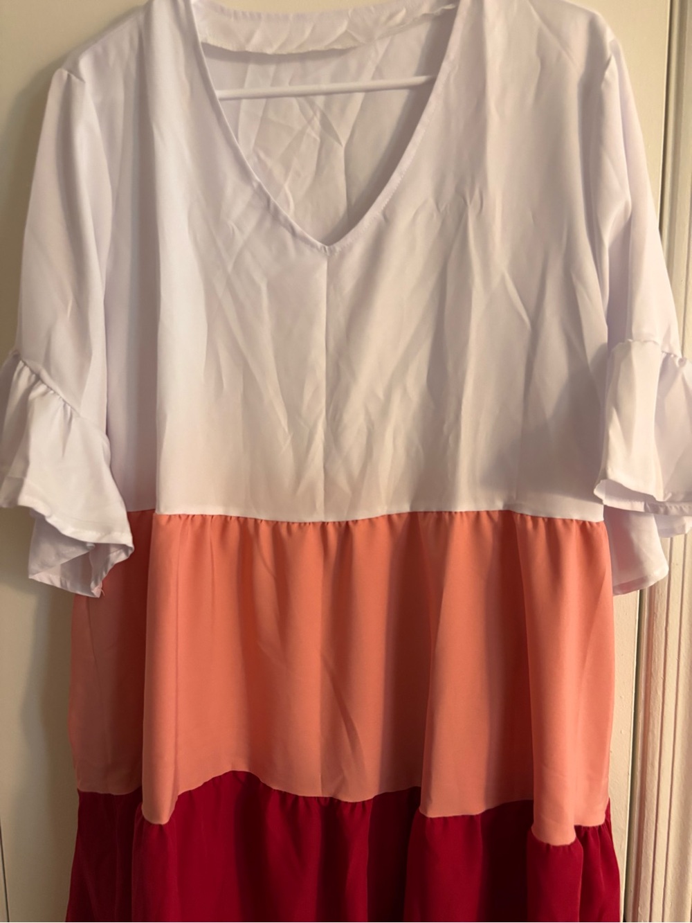 Colorblock Ruffle Tiered V-Neck II Dress - White, Coral, Red - Picture 2 of 4